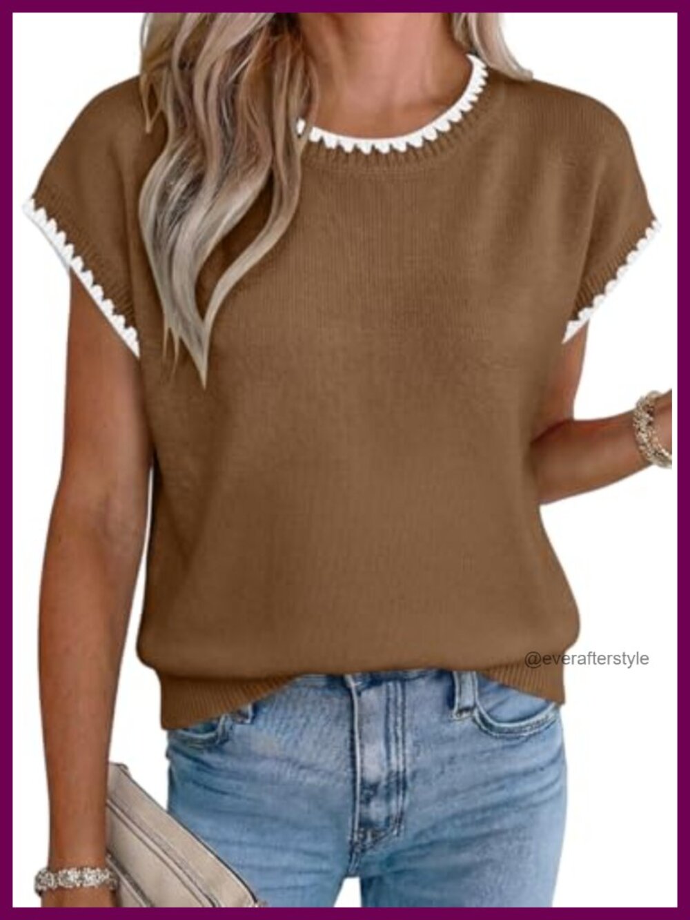 Womens Short Sleeve Knit Sweater Top Ruffle Trim Crew Neck Loose Fit